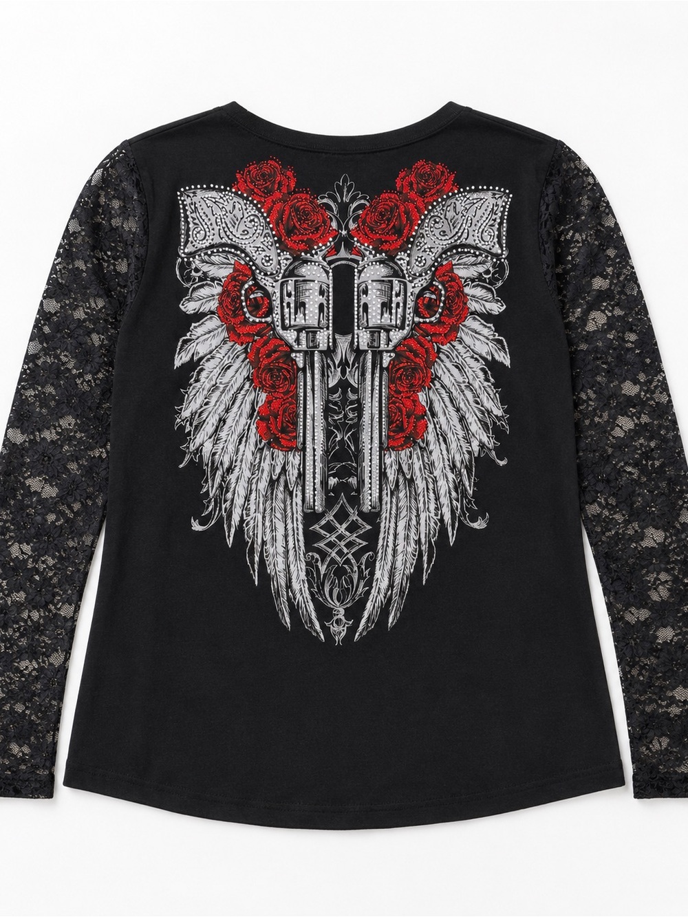 Katydid Cowgirl Black Lace-Sleeve V-Neck Top with Red Rose Graphic - Women’s 2XL - Picture 5 of 12